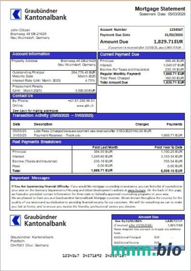 Niemcy Graubuendner Kantonalbank wyciąg z kredytu hipotecznego szablon Word i PDF